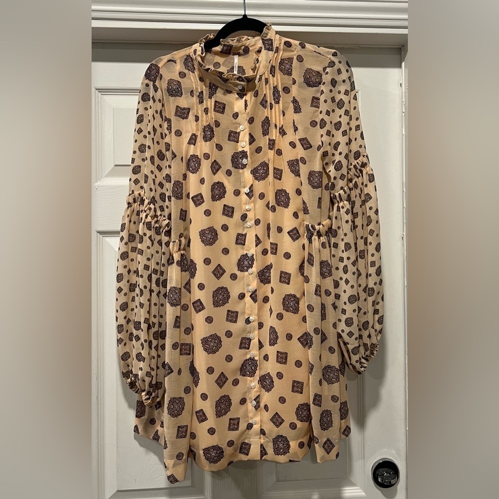 Free People Turn Turn Balloon Sleeve Printed Mini Swing Dress Size Small - Picture 3 of 7